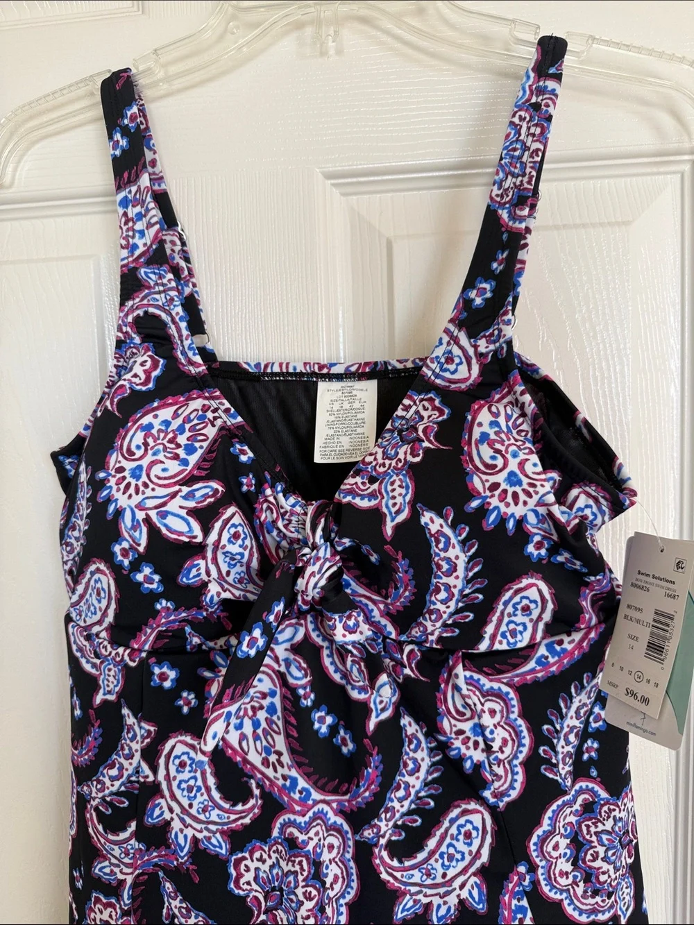 New! Swim Solutions Women's Black Paisley-Print Tummy-Control Swim Dress 12,14 - Picture 6 of 12